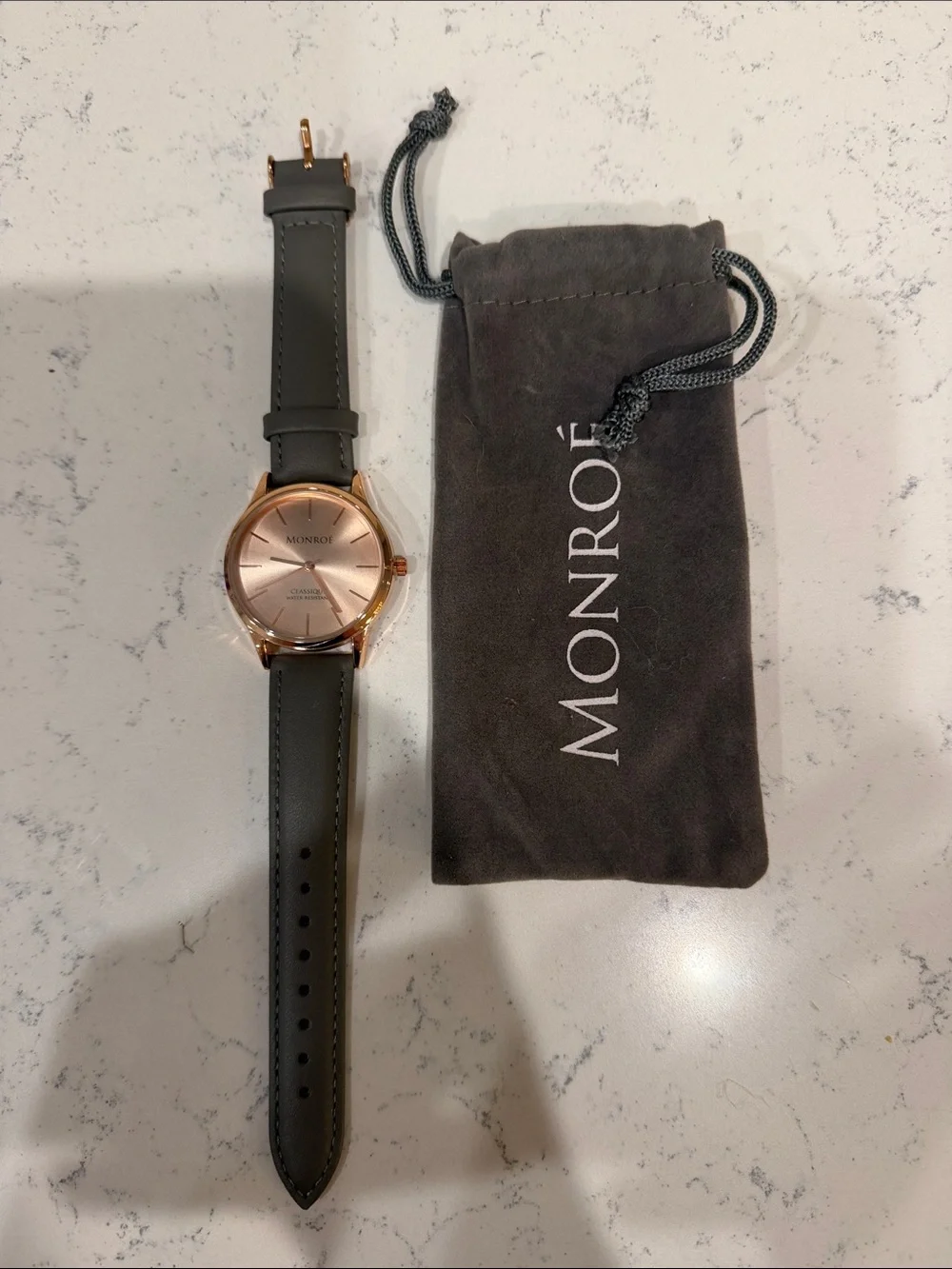 Monroe Rose Gold Dial Watch with Gray Leather Strap